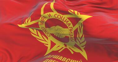 Flag of Warsaw Pact waving at wind with blue sky, loop video