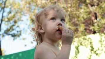 curly-headed child delightedly eats a cookie while gazing off into the distance, a portrait of innocent contemplation video