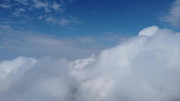 Aerial view. High above thick fog, like beautiful ocean of clouds at sunrise. Sun is rising above the endless sea of clouds until the horizon. Amazing nature landscape. Climate and weather change video