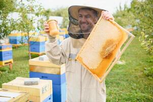 Beekeeper is working with bees and beehives on the apiary. Beekeeping concept photo
