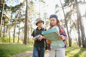 Happy excited school children with backpacks in casual clothes enjoying walk in forest on sunny autumn day, two active kids boy and girl running and playing together during camping trip in nature. photo
