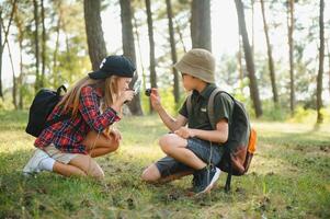 Kids exploring nature with magnifying glass. Summer activity for inquisitive child. photo