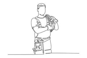 Firefighters with firefighting equipment concept. Single line draw design graphic illustration. vector