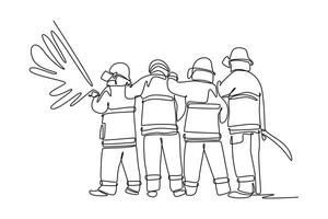 Firefighters with firefighting equipment concept. Single line draw design graphic illustration. vector