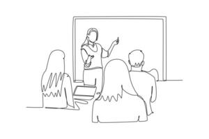 Lecturers teaching in class concept. Single line draw design graphic illustration. vector