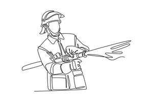 Firefighters with firefighting equipment concept. Single line draw design graphic illustration. vector