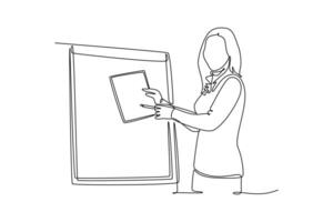 Lecturers teaching in class concept. Single line draw design graphic illustration. vector