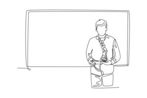 Lecturers teaching in class concept. Single line draw design graphic illustration. vector