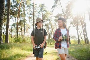Happy excited school children with backpacks in casual clothes enjoying walk in forest on sunny autumn day, two active kids boy and girl running and playing together during camping trip in nature. photo