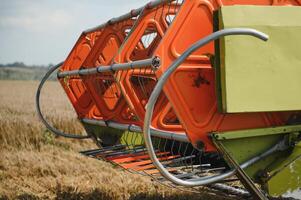 Combine harvester harvests ripe wheat. agriculture photo
