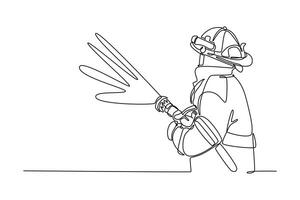 Firefighters with firefighting equipment concept. Single line draw design graphic illustration. vector