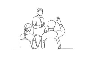 Lecturers teaching in class concept. Single line draw design graphic illustration. vector
