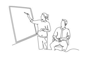 Lecturers teaching in class concept. Single line draw design graphic illustration. vector