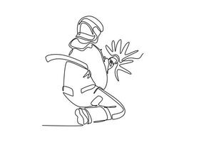 Firefighters with firefighting equipment concept. Single line draw design graphic illustration. vector