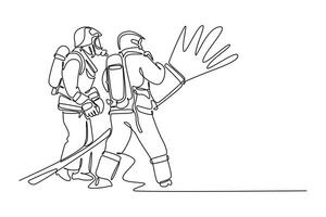 Firefighters with firefighting equipment concept. Single line draw design graphic illustration. vector