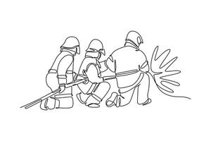 Firefighters with firefighting equipment concept. Single line draw design graphic illustration. vector