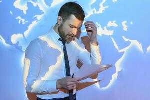 International business concept with businessman on background with network on map. photo