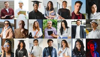 A lot of happy people, Portraits of group headshots in collage mosaic collection. Many smiling multicultural faces looking at camera. Human resource society database concept. photo