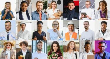 Many happy diverse ethnicity different young and old people group headshots in collage mosaic collection. Lot of smiling multicultural faces looking at camera. Human resource society database concept. photo