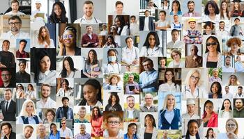 Many happy diverse ethnicity different young and old people group headshots in collage mosaic collection. Lot of smiling multicultural faces looking at camera. Human resource society database concept. photo