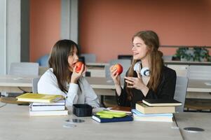 A cute girl smiling at her classmate while having lunch at the desk in school during a break photo