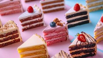 Assorted Cakes With Berries and Toppings on Pink and Blue Surfaces photo