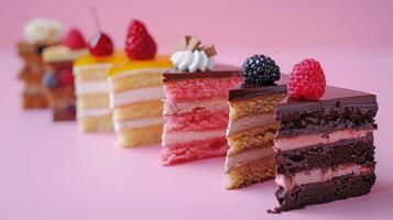 Assortment of Delicious Cakes With Berries on Pink Background photo