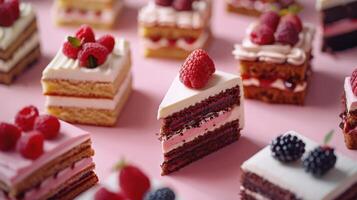 Assorted Cakes With Berries On Pink Background photo