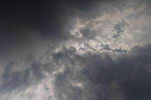 Black clouds in the sky in the rainy season are the formations of a rain storm in the evening. The background of the sky full of black dark rain clouds photo