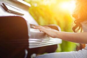 Beautiful piano background are set by the window in the morning waiting for the pianist to come to practice in the morning to reduce the mistake of having to perform the piano performance at a concert photo