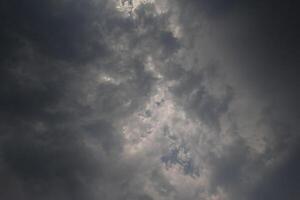 Black clouds in the sky in the rainy season are the formations of a rain storm in the evening. The background of the sky full of black dark rain clouds photo