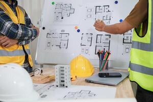 A team of engineers and architects discuss house plan design and estimate construction prices to suit the construction budget. Checking blueprints and documents with a team of engineers and architects photo