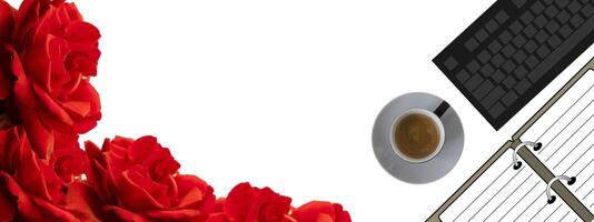 Red flower frame, coffee and notebook. Spacy negative background is good for additional project design. photo