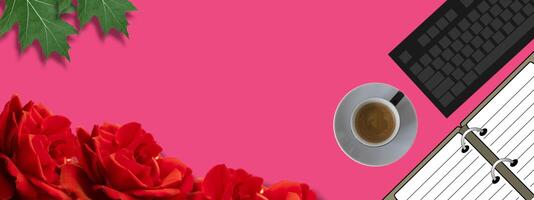 Red flower frame, coffee and notebook. Spacy negative background is good for additional project design. photo