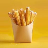 Sweet and crispy churros in a paper container on yellow background photo