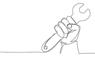 Hand with wrench one line continuous. Hand with wrench line art. Hand drawn art. vector