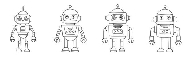 Collection of retro robots in doodle style. Hand drawn art. vector