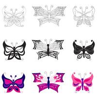 Set of butterflies in different flat, silhouette, doodle styles. illustration isolated on white background. vector