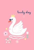 Poster or card with a cute swan on a pink background. graphics. vector