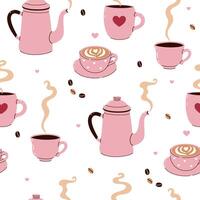 Seamless pattern with pink teapots and coffee cups. graphics. vector