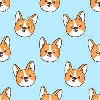 Seamless pattern with cute and funny welsh corgi dog faces. Endless repeatable backdrop with purebred puppy pet or domestic animal. Colorful illustration on blue background vector