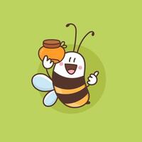 Happy honey bee with jar of honey. Funny smiling honeybee shows a gesture Thumbs up. Kawaii bumblebee or wasp cartoon character. Colored illustration isolated on green vector