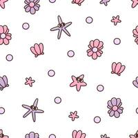 Childish seamless pattern with funny cartoon character starfish and seashells with pearls. Kawaii cute print on white background. Illustration sea creatures vector