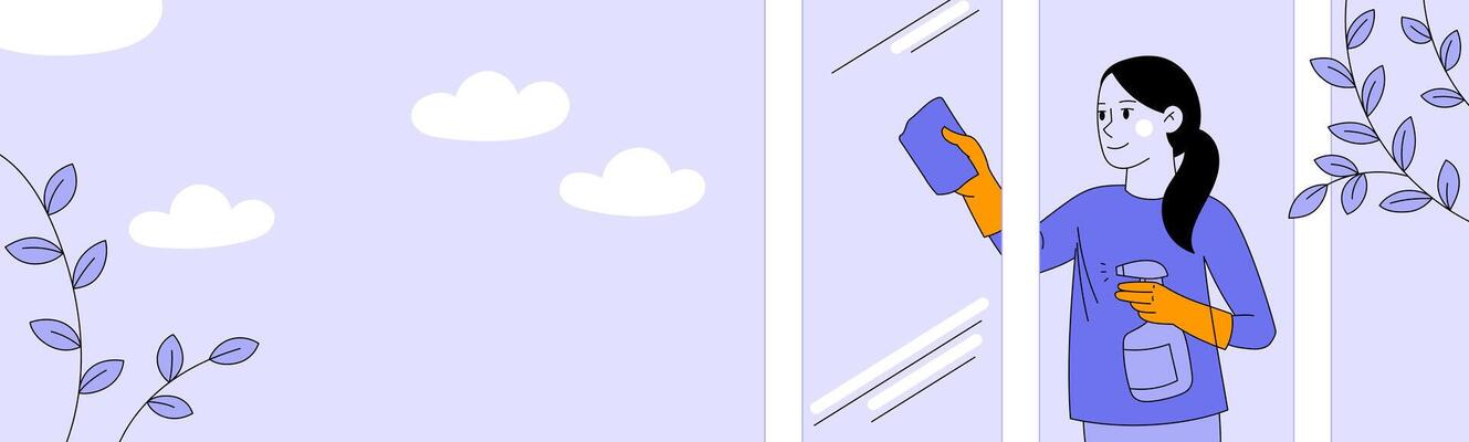 Horizontal banner or modern template decorated with woman washing window with cleanser in gloves. Housewife or worker of cleaning service. Web site or letter header.