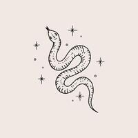 Card with snake and stars. Hand drawn illustration in sketch style. vector