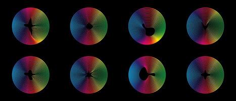 Music equalizers and sound waves. set of radial curves spectrum of radio wave oscillations. Multicolored neon sound wave of audio circles vector