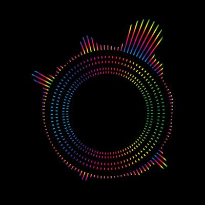 Music equalizer and sound wave. of radial curves spectrum of radio wave oscillations. Multicolored neon sound wave of audio circles
