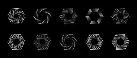 Hexagon dot halftone vortex, spiral twisted geometric shapes icon set, elements vector