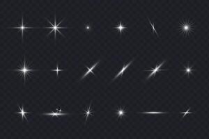 Glare stars set on black. Light flashes. transparent elements with glow effect vector