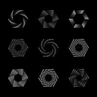 Hexagon dot halftone vortex, spiral twisted geometric shapes icon set, elements vector